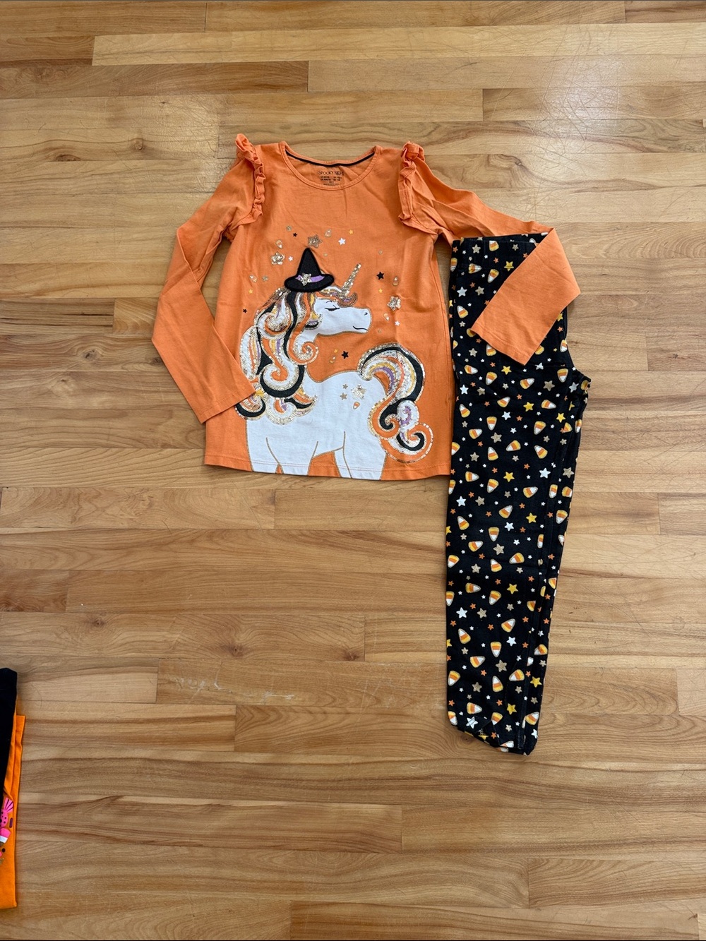 Girls Orange Unicorn Halloween Set with Black Candy Print Pants